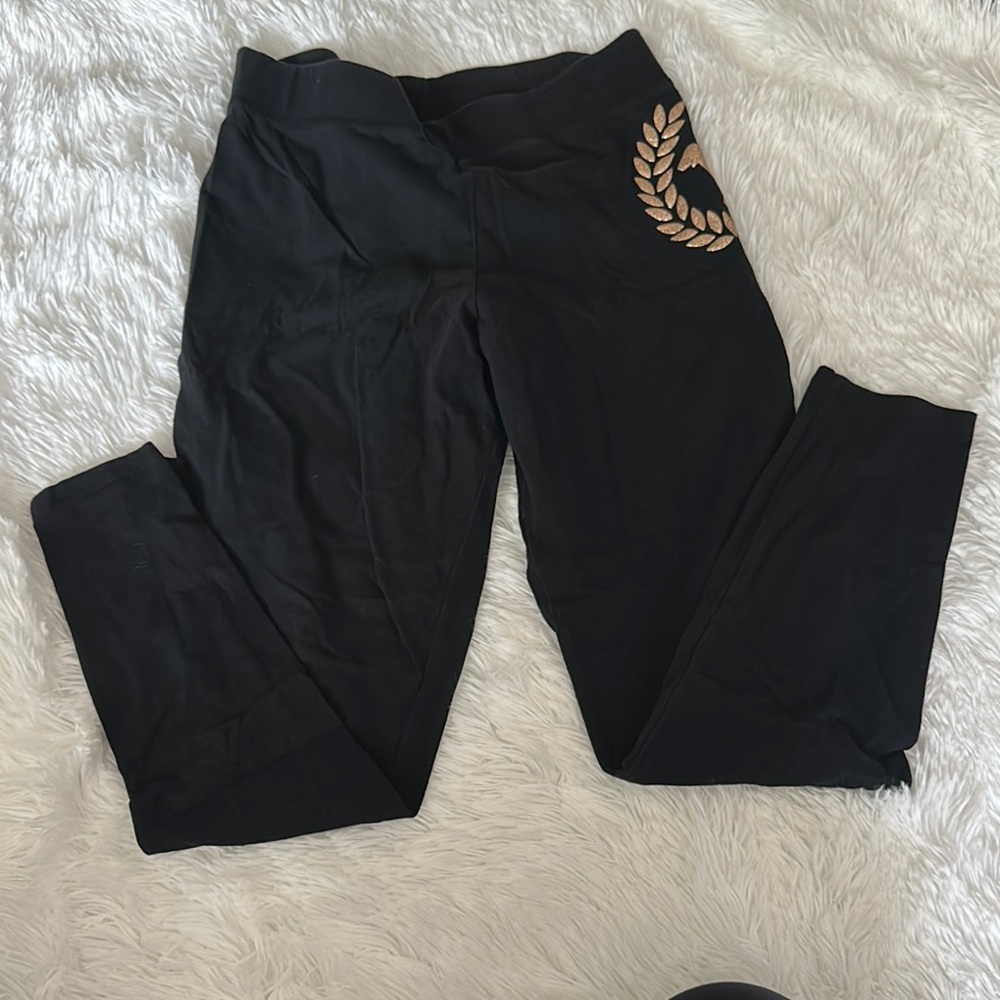 PINK Victoria's Secret Black Leggings with Gold Leaf Design Large
